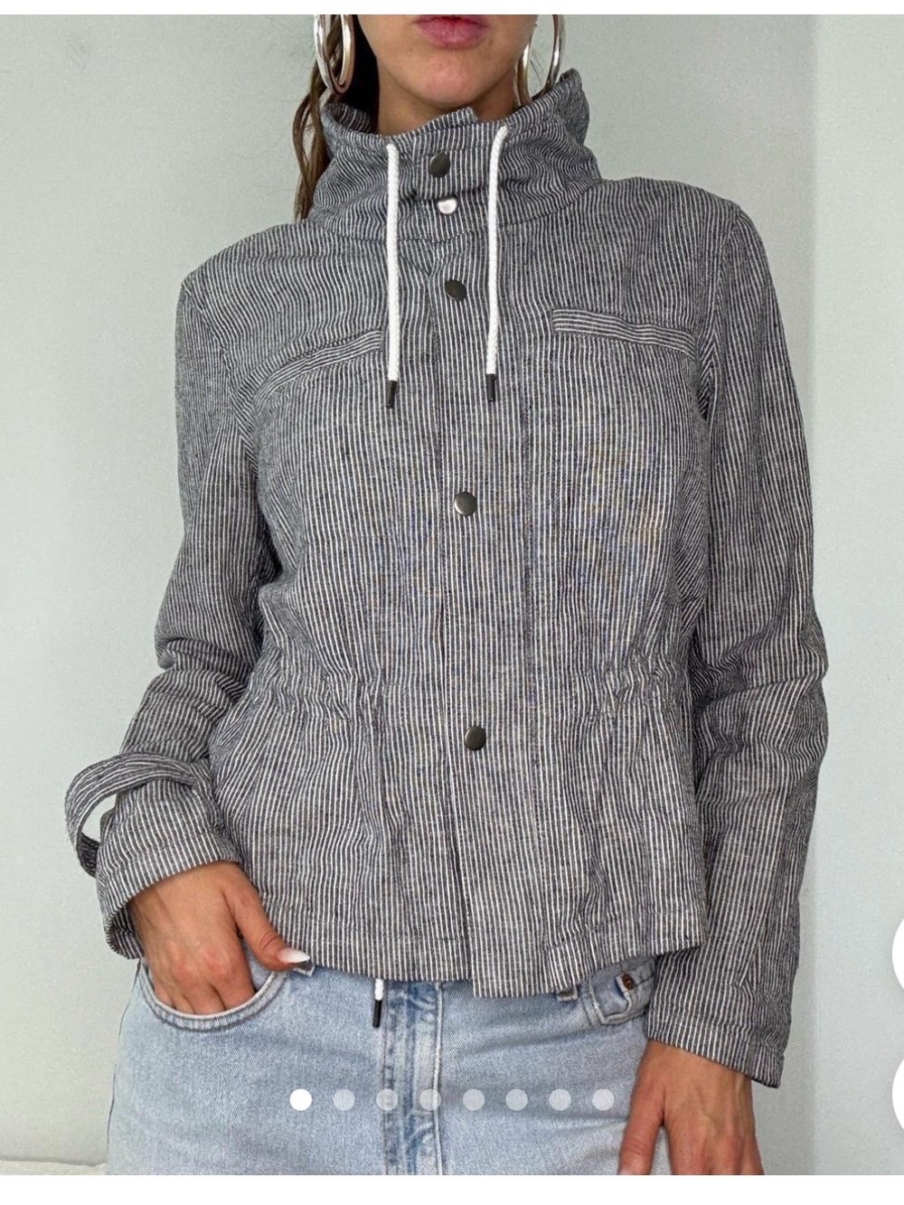 Striped Drawstring Funnel Neck Jacket - Gray